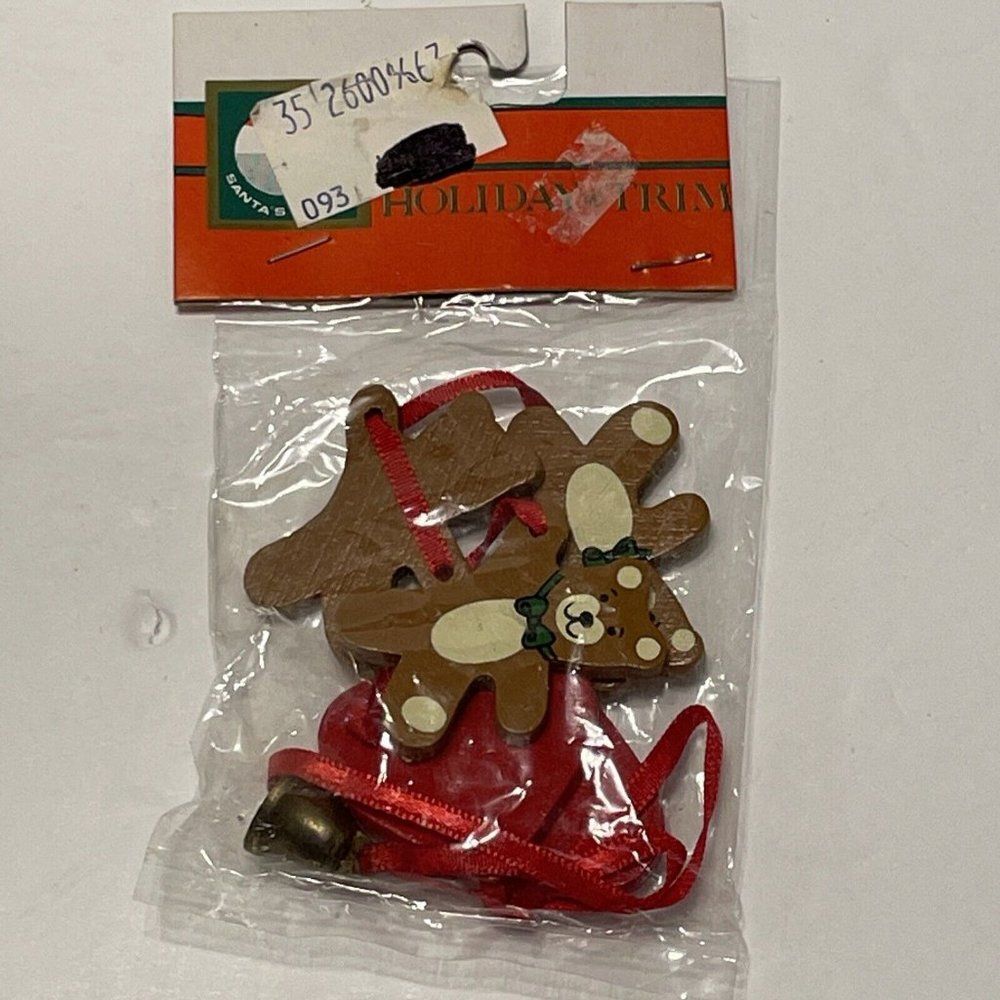 NOS Vtg Kurt Adler Santa's World Holiday Trim Wood Heart Bear Christmas Ornament